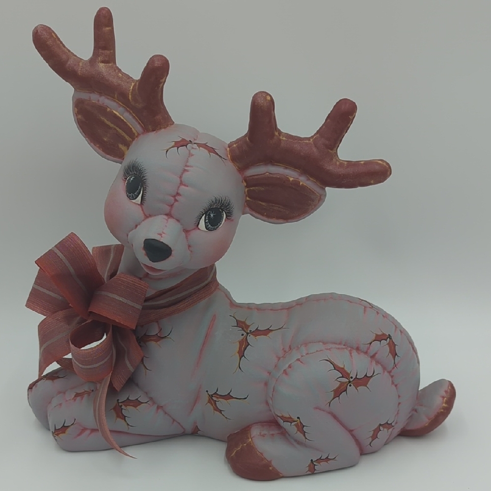 Vintage Ceramic Mold Reindeer Christmas  Handpainted Bow Purple Brown Quilted